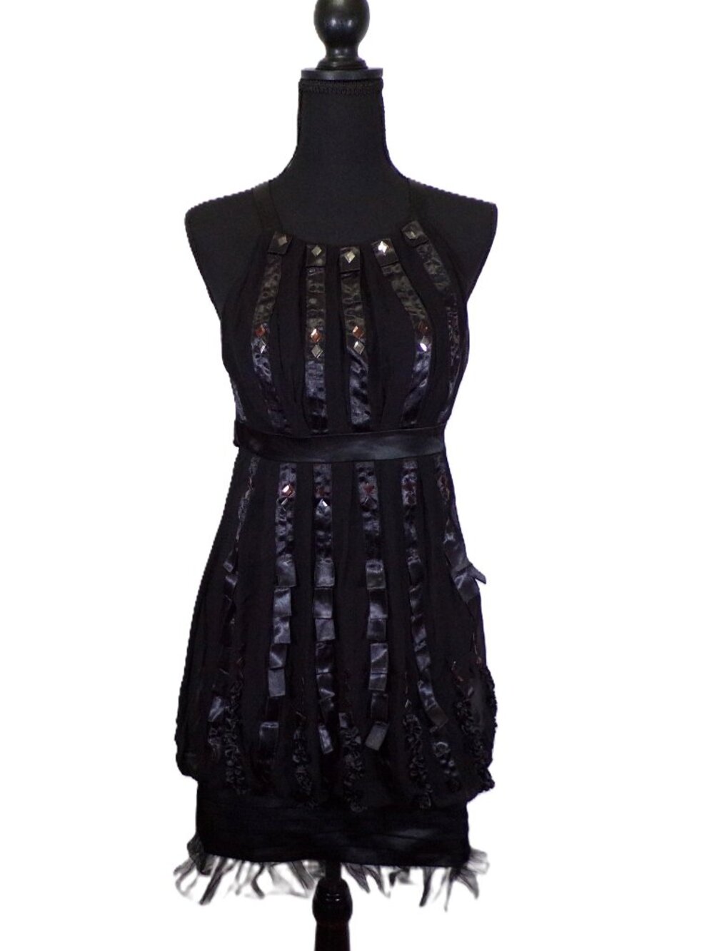 Sue Wong Nocturne Dress sz 4 Black Silk Halter Ribbon Steampunk Goth Whimsigoth